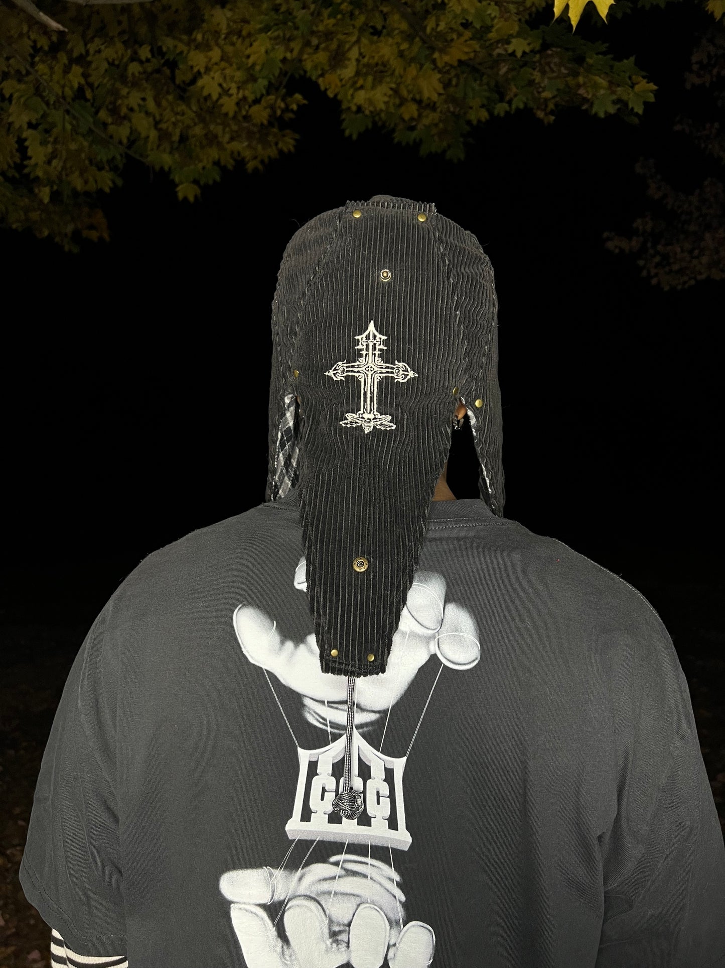 Black corduroy jester coffin cap