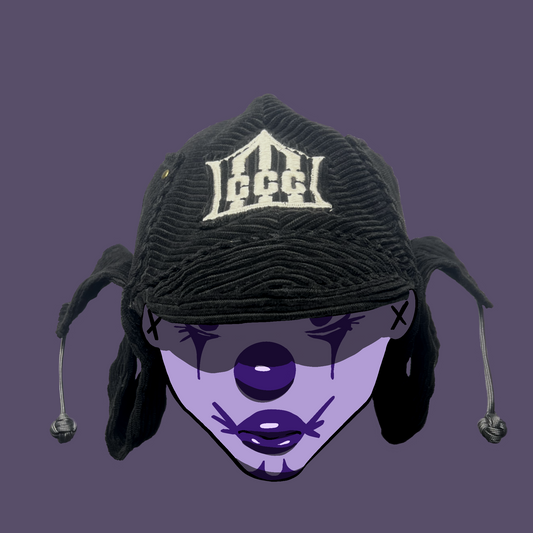 Black corduroy jester coffin cap